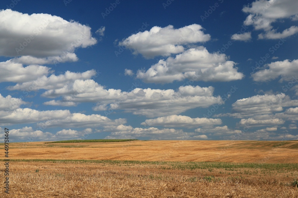 A harvested field and a sky with clouds. Bulgaria.