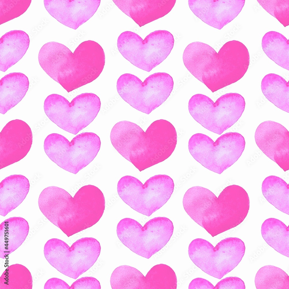 Seamless pattern with pink hearts. Background for cards, invitations for anniversary, wedding, baby shower. Watercolor hand drawingillustration