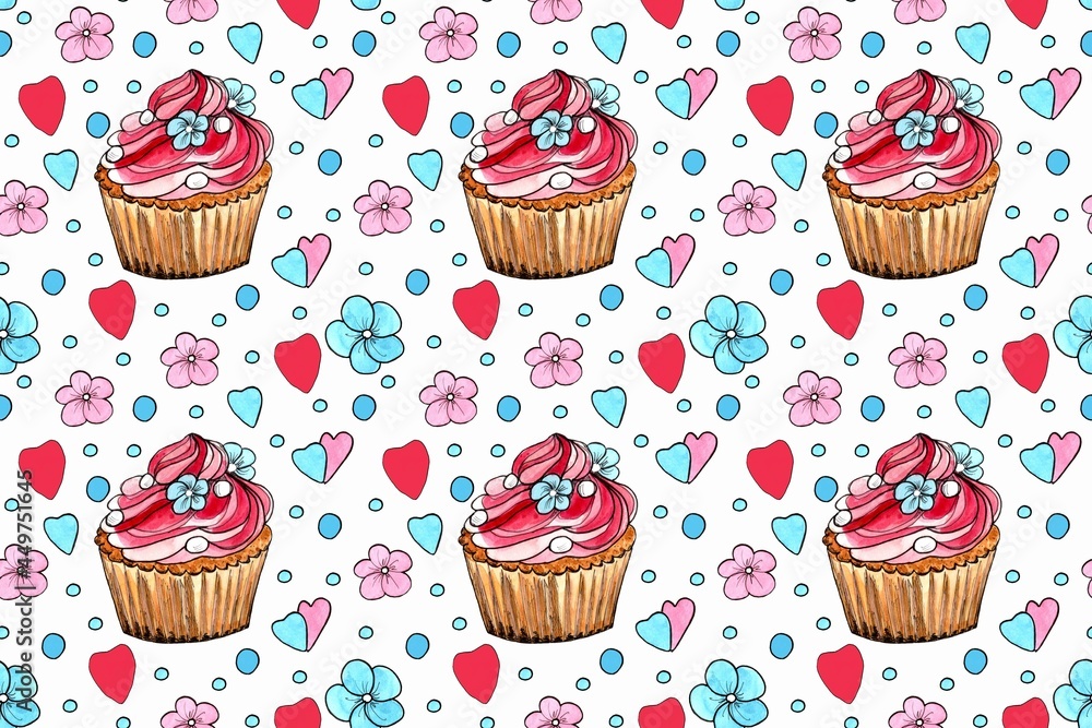 Seamless pattern, sweet cupcake. Watercolor hand painted illustration. Background for invitation, greeting card, template