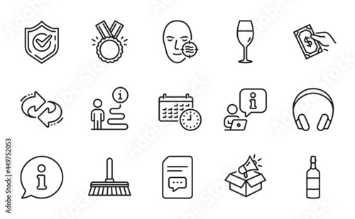 Line icons set. Included icon as Wineglass, Brandy bottle, Cleaning mop signs. Honor, Refresh, Calendar symbols. Megaphone box, Problem skin, Comments. Headphones, Confirmed, Pay money. Vector