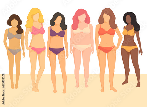 Positive body movement. Female body types and sizes in bathing suits