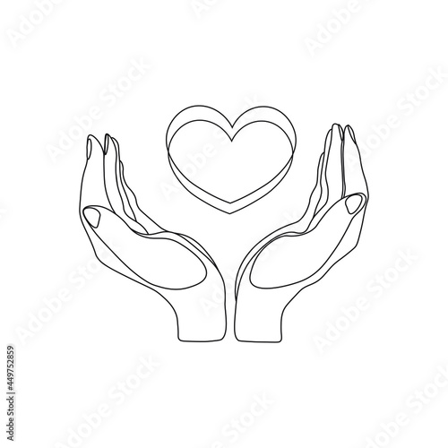 Heart hands symbol. Cupped care hands outline. Black thin line hands. Logo with hands.