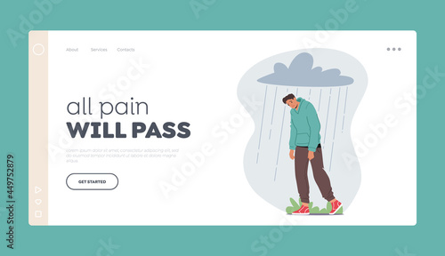 Depression Landing Page Template. Depressed Anxious Man Suffer of Anxiety, Feel Frustrated Walking under Rainy Cloud