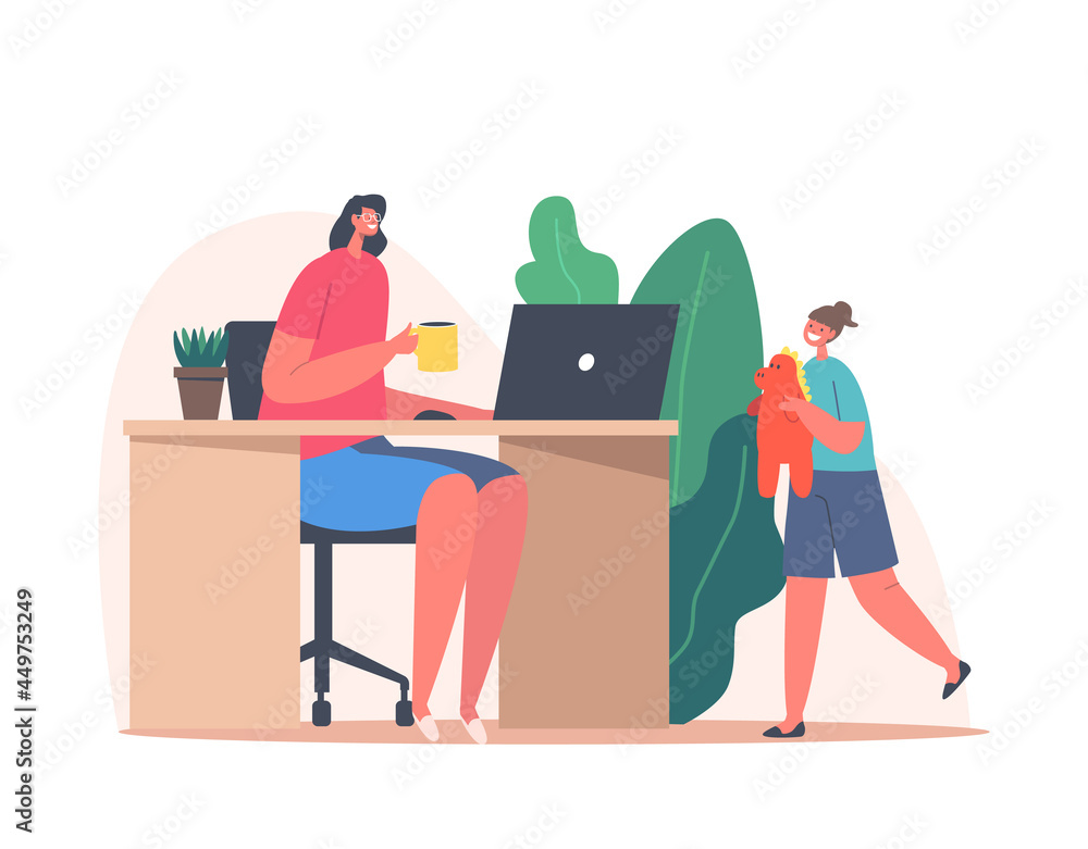 Mother Character Work from Home Office with Child Playing nearby. Remote Freelance Job Concept. Freelancer Woman Mother Character Work from Home Office with Child Playing nearby. Remote Freelance Job Concept. Freelancer Woman