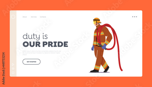 Fire Man Profession Landing Page Template. Fireman Carry Water Hose on Shoulder, Equipment for Fighting with Blaze