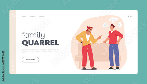 Family Quarrel Landing Page Template. Couple Quarreling. Man and Woman Sorting Things Out, Fighting. Scandal at Home