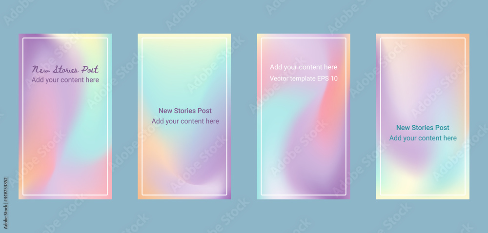 Social media stories template background - rainbow pastel soft gradient swirl  - set of 4, editable vector mesh