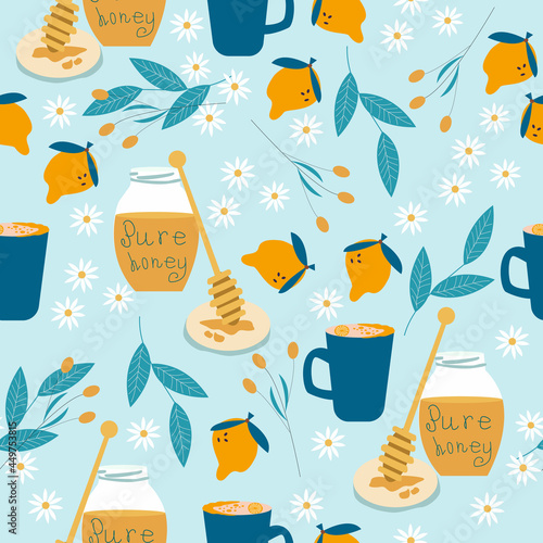 Seamless pattern with mug of tea with lemon and honey. And also a standing jar of honey with the inscription pure honey and flowers and lemon. Vector illustration
