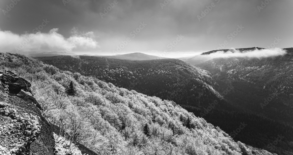 Lookout from Palicnik - granite rock formation in Jizera Mountains, Czech Republic. Black and white image. Lookout from Palicnik - granite rock formation in Jizera Mountains, Czech Republic. Black and white image.