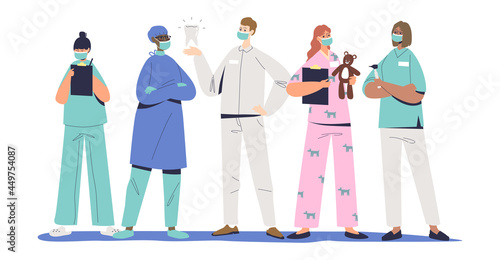 Team of doctors: pediatrician, dentist, surgeon and hospital nurses in masks and uniform