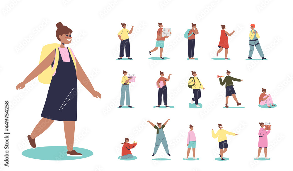Set of cartoon mix race african american school girl with backpack in different situations and poses