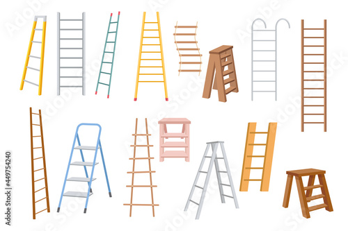Set of Step Ladders, Metal, Wooden and Suspended and Rope Stairways for Renovation Works Isolated on White Background