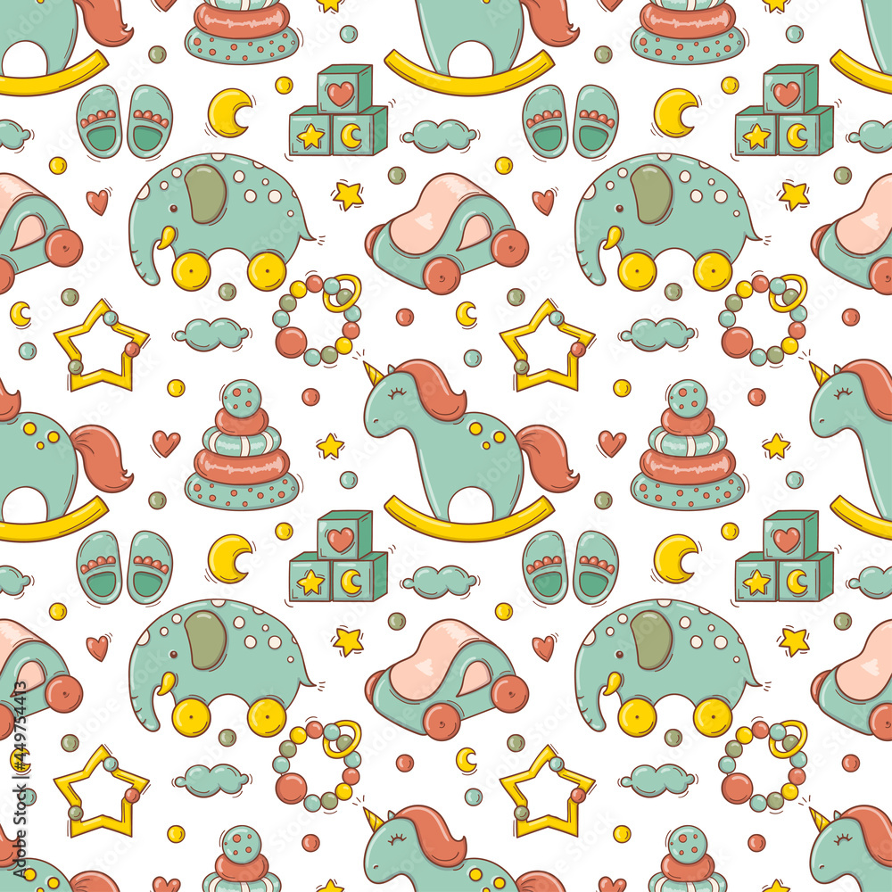 Fototapeta premium Hand drawn seamless pattern with baby colorful toys and accessories
