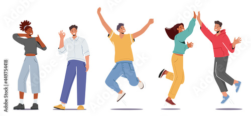 Set of People Feeling Positive Emotions, Giving Highfive, Show Ok Gesture, Jumping with Raised Arms and Showing Thumb Up