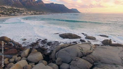 Aerial of Ocean, Waves, and Mountains, Camps Bay Cape Town, South Africa