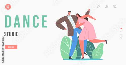 Dance Studio Landing Page Template. Young Couple Dancing Sparetime. People Active Lifestyle, Man and Woman Disco Dance