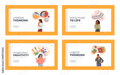 People Mindset Types Landing Page Template Set. Male and female Characters with Creative, Logical, Musical Thinking