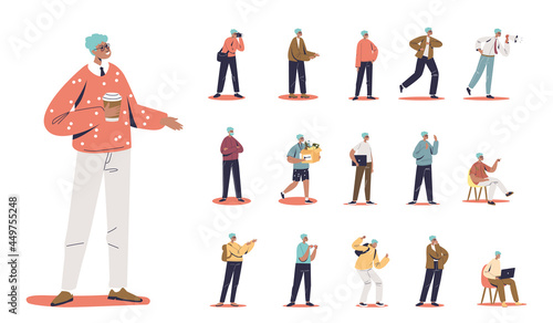 Set of hipster cartoon man with blue hair hold coffee cup in different lifestyle situations and poses