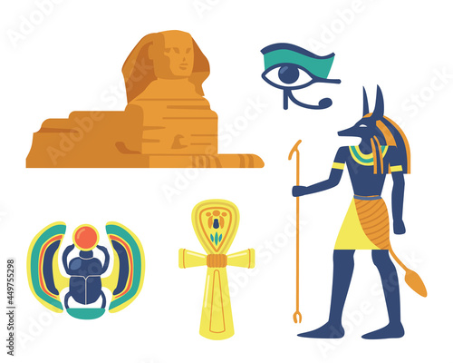 Set of Ancient Egypt Civilization Religious Symbols and Landmarks. Sphinx, Scarab and Eye of Providence, Egyptian Anubis