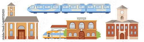 Railway Station Building Facade and Modern Train. Platform Design with Clock Tower on Roof and Clock, Exterior Isolated