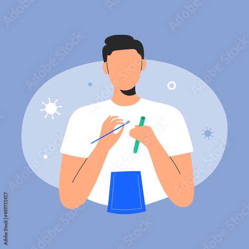 Rapid PCR test for covid at home, young man collecting specimen with nasal swab for covid19 infection, using postal PCR coronavirus test kit, vector cartoon illustration.