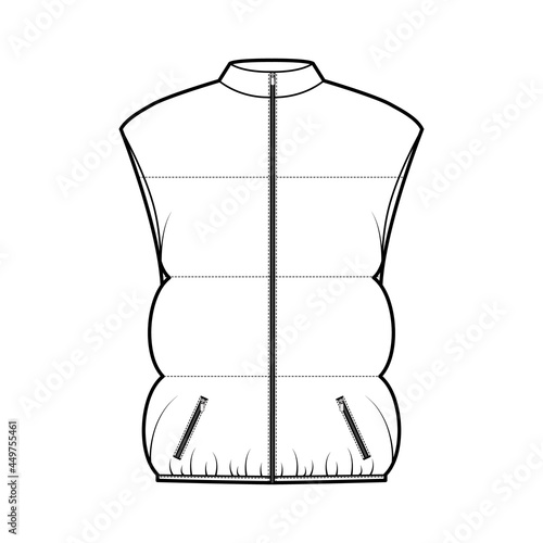 Down vest puffer waistcoat technical fashion illustration with stand collar, pockets, oversized, hip length, wide quilting. Flat template front, white color style. Women, men, unisex top CAD mockup