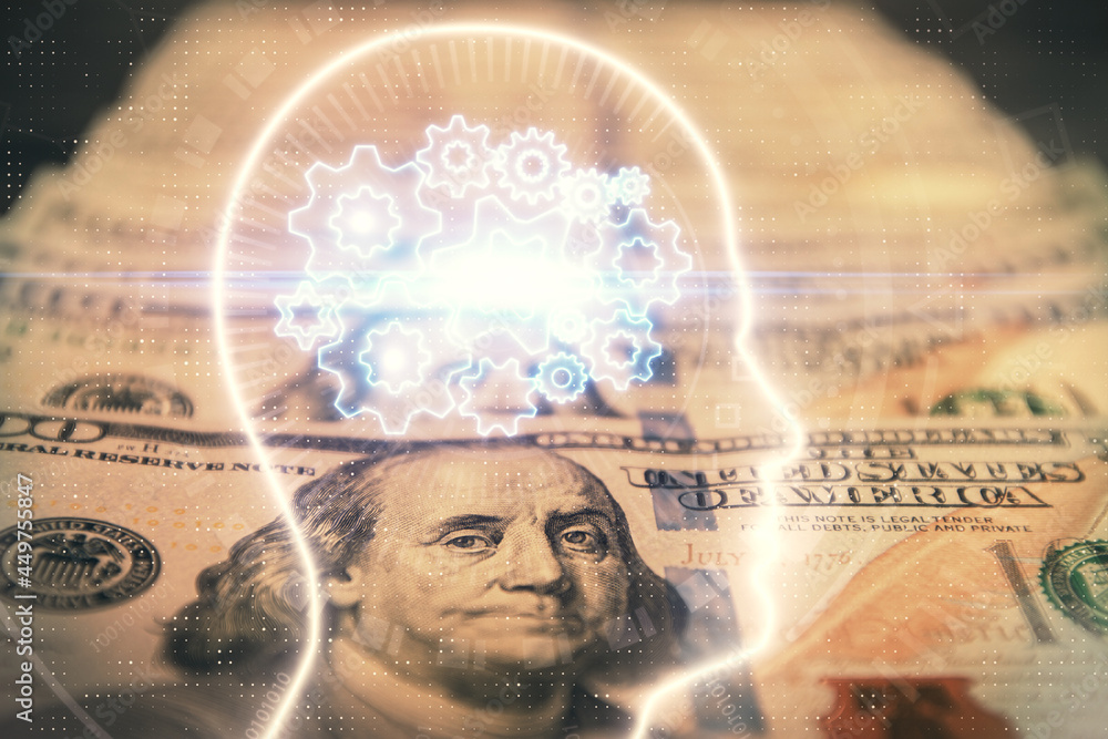 Double exposure of brain drawing over us dollars bill background. Technology concept. Double exposure of brain drawing over us dollars bill background. Technology concept.