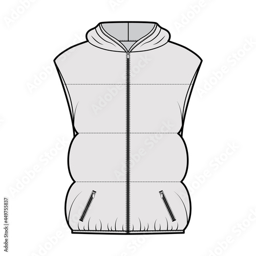 Down vest puffer waistcoat technical fashion illustration with hoody collar, zip-up closure, pockets, hip length, wide quilting. Flat template front grey color style. Women, men, unisex top CAD mockup