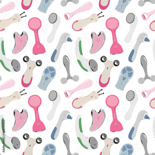 Various skin care devices, beauty tools and smart gadgets for skincare, facial massages, face cleanser brush, ultrasonic, microcurrent and led light theraphy, seamless vector pattern