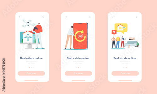 Real Estate Virtual Tour Mobile App Page Onboard Screen Template. Realtor and Clients Distantly Choose Apartment to Buy