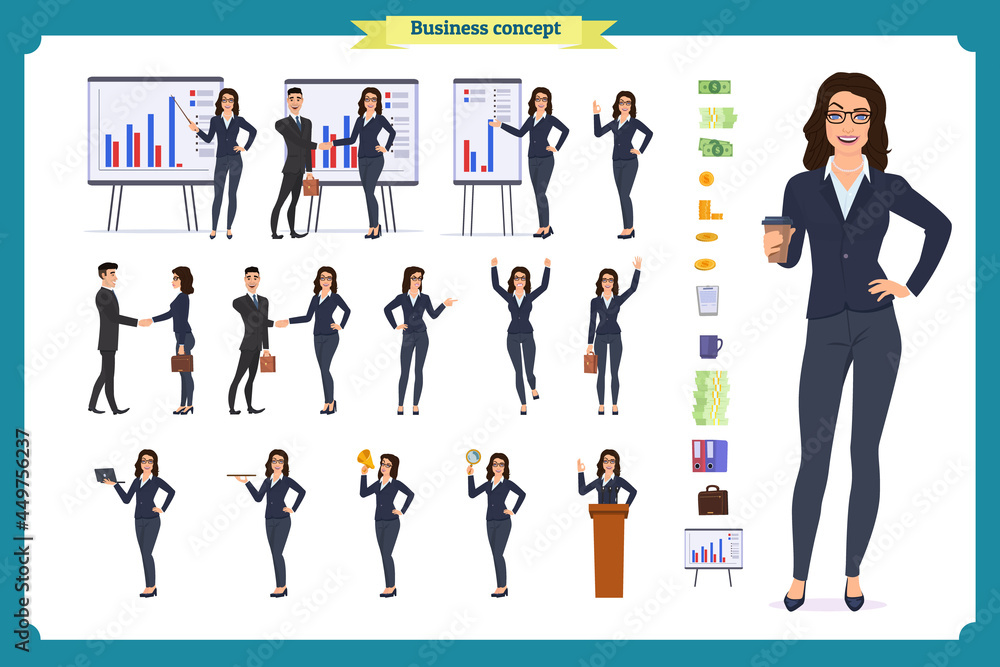 Ready-to-use character set. Young business woman in formal wear. Different poses and emotions, running, standing, sitting, walking, happy, angry. Full length, front, rear view against white backgrou Ready-to-use character set. Young business woman in formal wear. Different poses and emotions, running, standing, sitting, walking, happy, angry. Full length, front, rear view against white backgrou