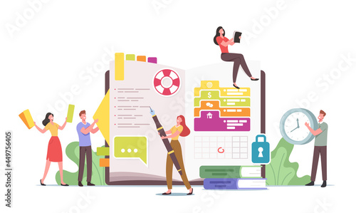 Personal Organizer Concept. Tiny Characters at Huge Diary Writing Note, Planning Deals, Filling To Do List, Put Stickers