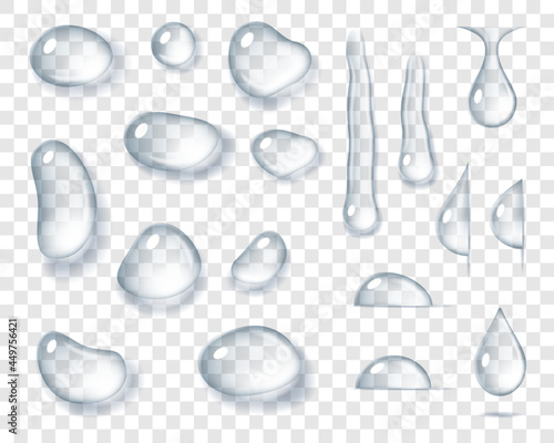 Set of different water drops realistic droplets of pure liquid isolated on transparent background