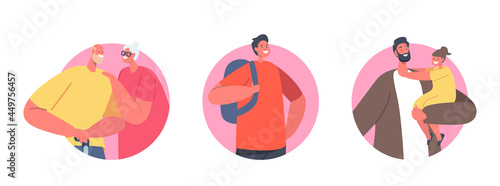 Happy Family Characters Grandmother and Grandfather Embrace, Schoolboy with Backpack, Father Holding on Hand Child