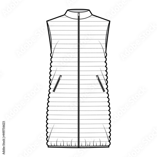 Down vest puffer waistcoat technical fashion illustration with stand collar, zip-up closure, pockets, loose fit, thigh length, narrow quilting. Flat front, white color style. Women, men top CAD mockup
