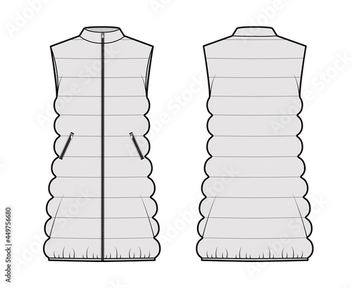 Down vest puffer waistcoat technical fashion illustration with sleeveless, stand collar, zip-up closure, thigh length. Flat template front, back, grey color style. Women, men, unisex top CAD mockup