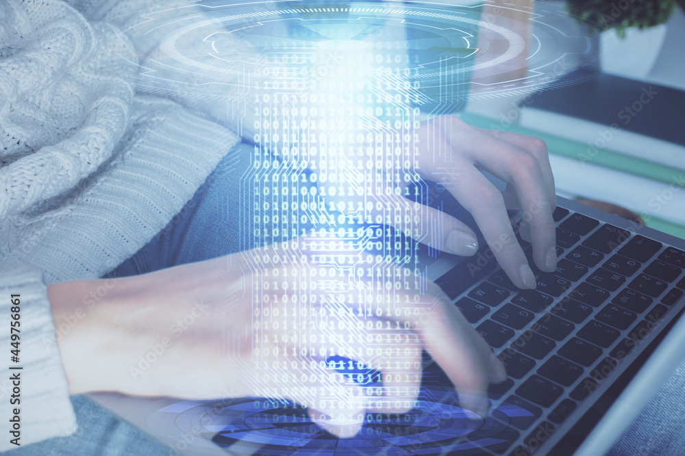 Double exposure of woman hands working on computer and data theme hologram drawing. Tech concept. Double exposure of woman hands working on computer and data theme hologram drawing. Tech concept.