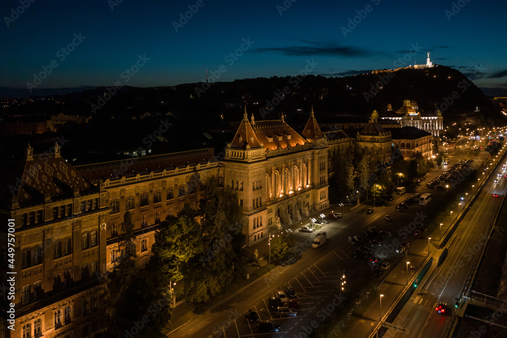 Hungary - University of Technology and Economics of Budapest at night from drone view