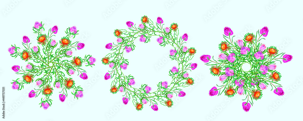 Proteus flower wreaths. Exotic floral wreaths. Vector illustration. Proteus flower wreaths. Exotic floral wreaths. Vector illustration.