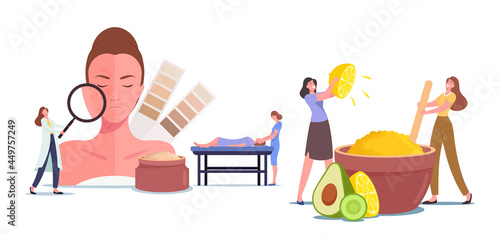 Natural Beauty, Cosmetology, Skin Whitening Concept. Tiny Female Character Making Facial Mask in Huge Bowl for Face Care