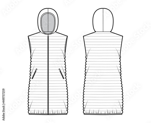 Down vest puffer waistcoat technical fashion illustration with sleeveless, hoody collar, pockets, loose fit, thigh length, narrow quilting. Flat template front, back, white color style. Women, mockup