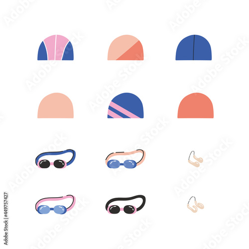 Equipment for synchronized swimming. Isolated flat vector illustration with a set of necessary equipment such as goggles, nose clip and swimming cap. Artistic swimming concept.