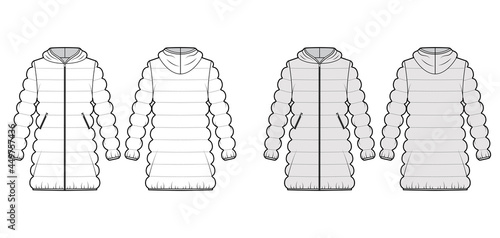 Hooded jacket Down puffer coat technical fashion illustration with zip-up closure, thigh length, classic quilting. Flat template front, back, white, grey color style. Women, men, unisex top CAD mockup
