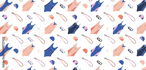 Social media cover with equipment for synchronized swimming. Isolated flat vector illustration with necessary equipment such as google glass, nose clip, swimming slipper etc. Artistic swimming concept