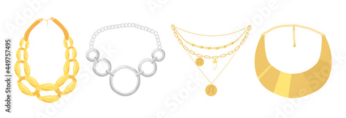 Set of Necklaces, Beads Jewelry Isolated on White Background. Gold and Silver Jewels, Bijoux for Women, Boho Bijouterie