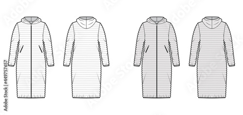 Hooded jacket Down puffer coat technical fashion illustration with long sleeves, pockets, oversized, narrow quilting. Flat template front, back, white, grey color style. Women, unisex top CAD mockup