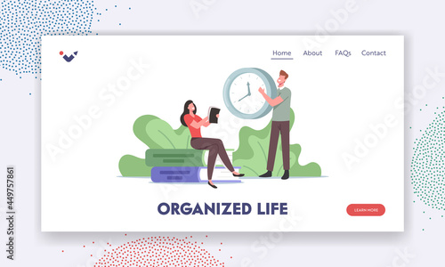 Organized Life Landing Page Template. Tiny Female Character with Personal Diary Sit at Huge Book Pile, Man Holding Clock