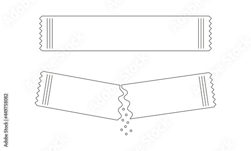 Sachets with sugar or salt whole and poured. Packets with soluble culinary powder in linear style. Editable stroke. Thin line icons. Vector outline illustration. 