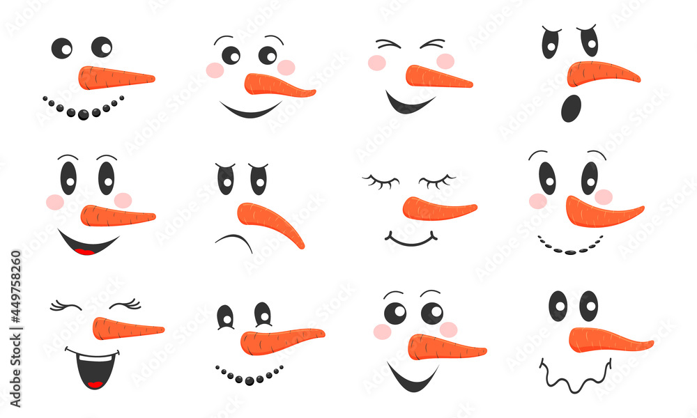 Funny snowmen faces set. Collection of cute snowman heads with different  emotions and carrot noses. Winter holidays design. Vector cartoon  illustration. Stock Vector | Adobe Stock