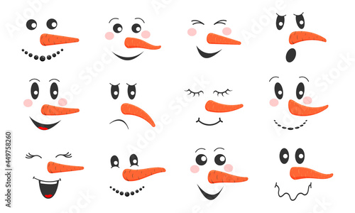 Funny snowmen faces set. Collection of cute snowman heads with different emotions and carrot noses. Winter holidays design. Vector cartoon illustration.